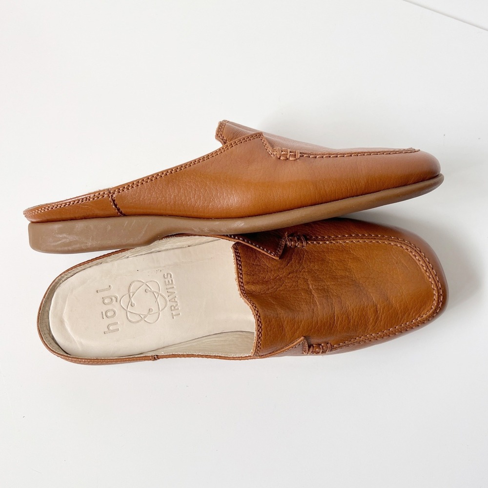 Hogl Italian Leather Mules Size 37 Cognac Tan Brown Square Toe Slip On Flats